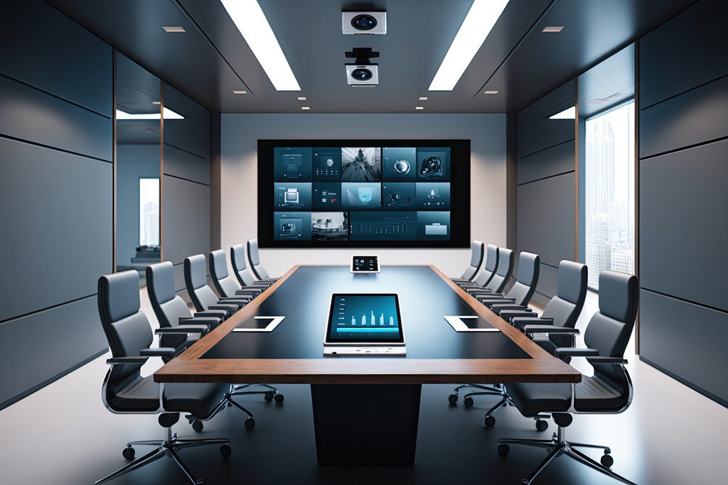Futuristic Conference Room: A modern conference room equipped with the latest technology for business presentations and video conferencing. 
