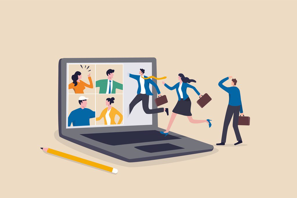 Drawing of employees on laptop with other workers stepping through the screen to symbolize hybrid workplace.