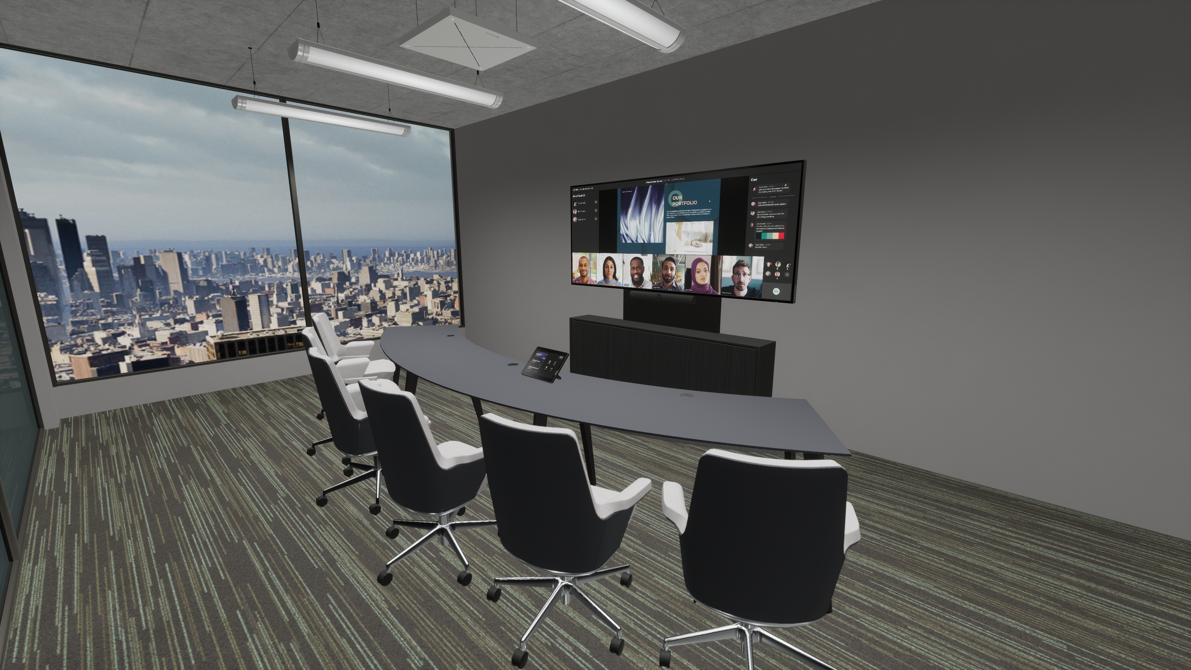 Virtual rendering of huddle room in office