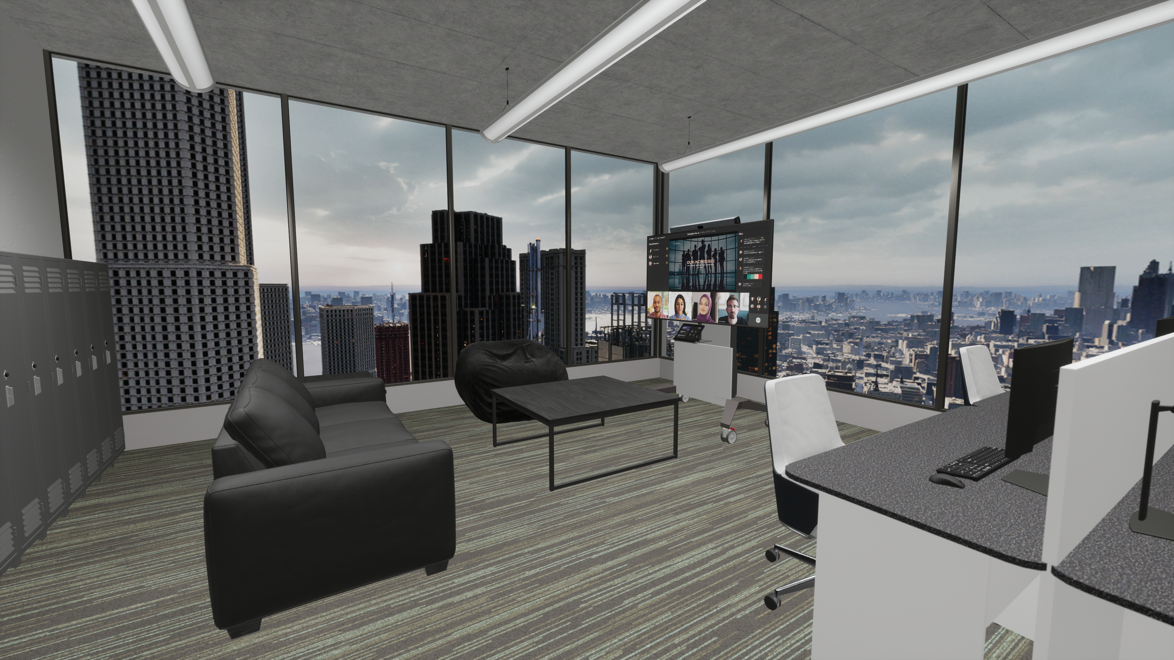 Virtual rendering of lounge area in office